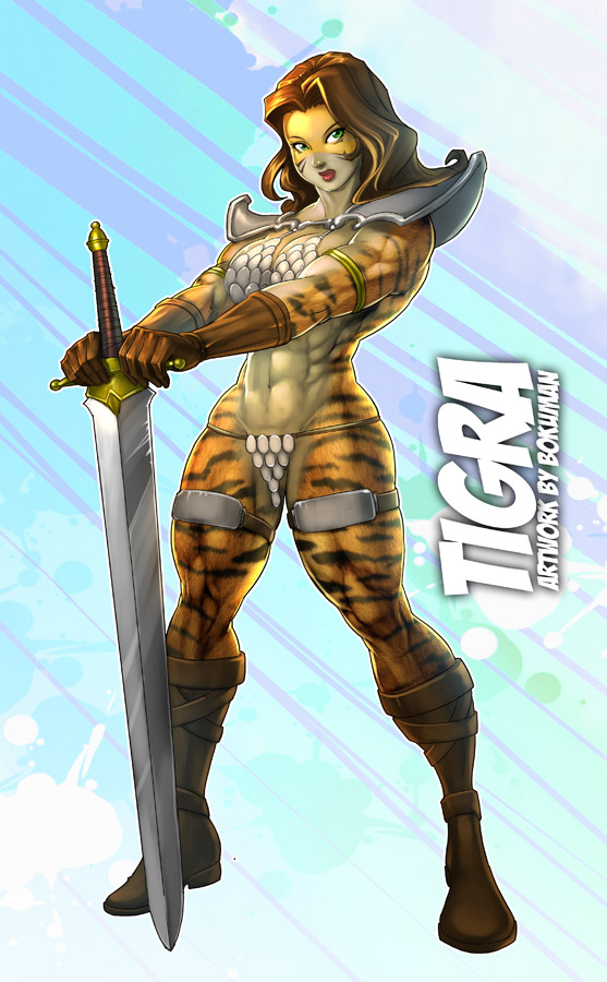 abs armor biceps bokuman boots breasts chainmail clothed clothing feline female gloves mammal muscles muscular_female navel skimpy solo stripes sword tiger unconvincing_armor warrior weapon