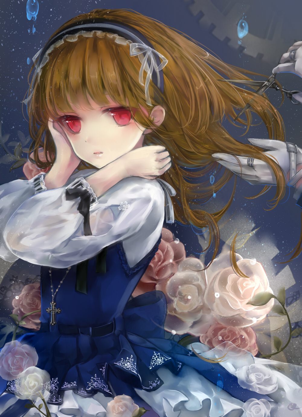 bad_id bad_pixiv_id brown_hair cross cutting_hair dress flower gears gloves hairband highres jewelry necklace original red_eyes ribbon rose scissors solo_focus tukino_(panna) water