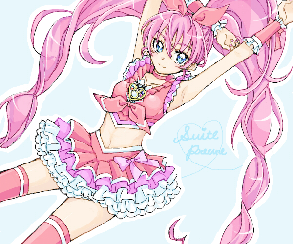 armpits arms_up blue_eyes bow choker copyright_name cure_melody houjou_hibiki long_hair midriff mironomeo pink_bow pink_choker pink_hair precure smile solo suite_precure thighhighs twintails