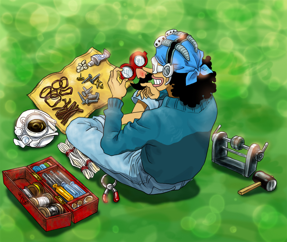 1boy bandanna coffee denim fake_mustache glasses goggles jeans male male_focus mallet nail one_piece pants pliers screwdriver sitting solo toolbox usopp vise wire wrench