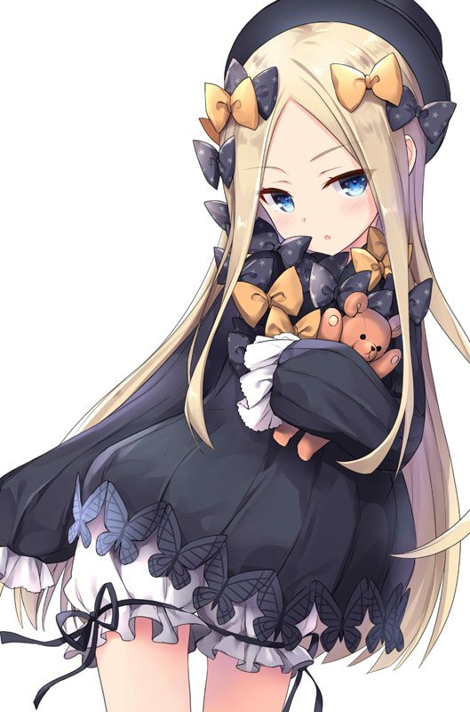 1girl :o abigail_williams_(fate/grand_order) bangs bankoku_ayuya black_bow black_dress black_hat black_ribbon blonde_hair bloomers blue_eyes blush bow commentary_request contrapposto cowboy_shot doll_hug dress eyebrows_visible_through_hair fate/grand_order fate_(series) forehead frills hair_bow hat long_hair long_sleeves looking_at_viewer orange_bow parted_bangs parted_lips ribbon sidelocks simple_background sleeves_past_fingers sleeves_past_wrists solo standing star star_print stuffed_animal stuffed_toy teddy_bear underwear white_background