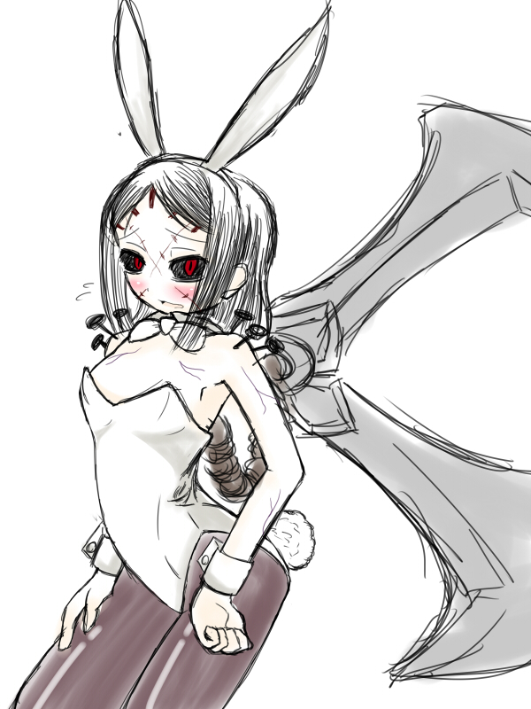 animal_ears black_sclera blush bow bowtie bunny_ears bunny_tail bunnysuit flat_chest flying_sweatdrops no_mask open_mouth over_shoulder painwheel_(skullgirls) pantyhose red_eyes ririkistar scar simple_background skullgirls solo stitches tail weapon weapon_over_shoulder white_background wrist_cuffs
