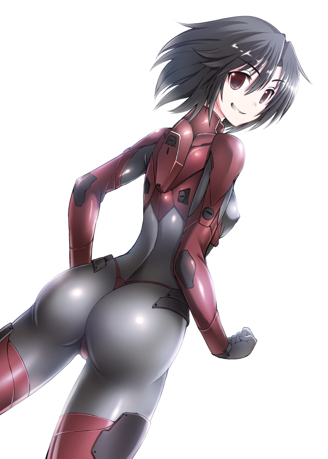 ass back black_hair bodysuit breasts clenched_hand covered_nipples from_behind gloves hand_on_hip looking_at_viewer looking_back medium_breasts ment open_mouth original red_eyes shiny shiny_clothes short_hair simple_background skin_tight smile solo standing thong white_background