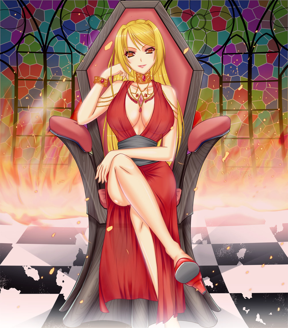 blonde_hair breasts crossed_legs dress fire high_heels jewelry large_breasts long_hair looking_at_viewer necklace nipples original red_dress ryuuzouji_usagi see-through see-through_silhouette shoes sitting smile solo yellow_eyes