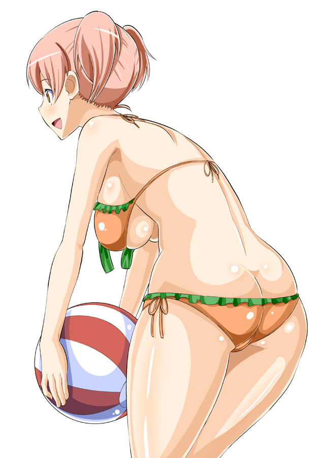 ass ball beachball bikini breasts brown_eyes brown_hair butt_crack hataraku_maou-sama! large_breasts leaning_forward norakuro_nero sasaki_chiho short_hair short_twintails solo swimsuit twintails underboob