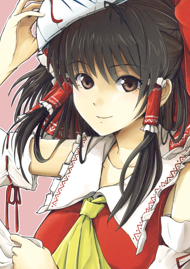 arm_up ascot bad_id bad_pixiv_id bow brown_eyes brown_hair cibo_(killy) closed_mouth collarbone detached_sleeves dress face face_mask hair_bow hair_tubes hakurei_reimu looking_at_viewer mask red_dress smile solo touhou upper_body