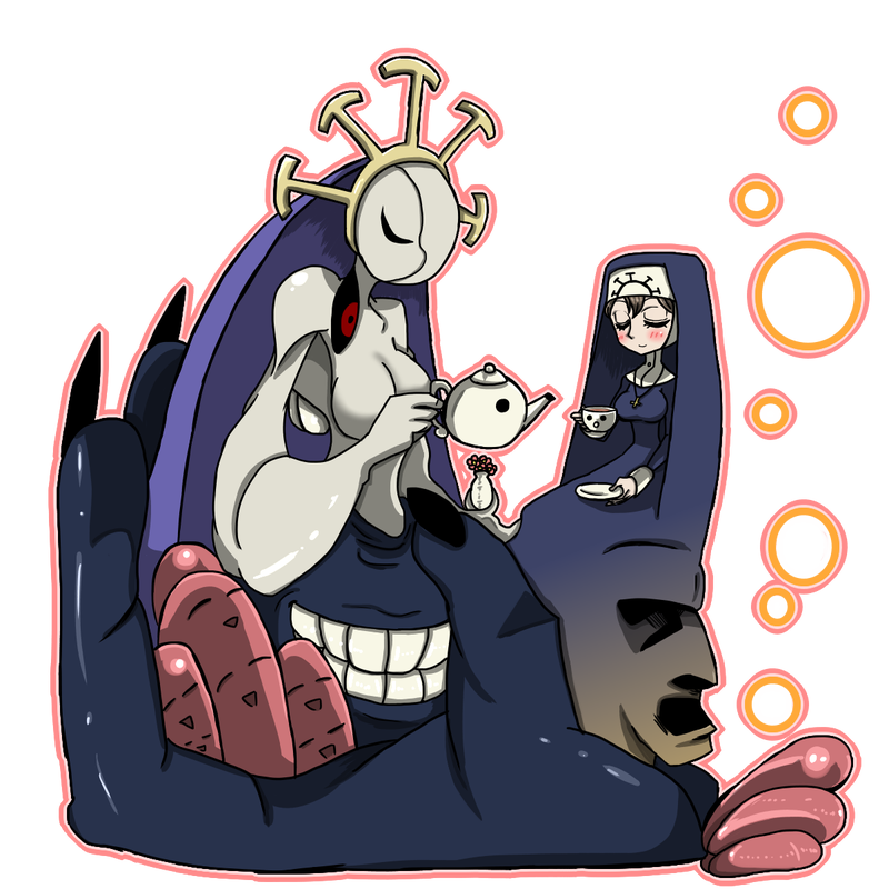 bad_id bad_pixiv_id black_sclera breasts cross cross_necklace crown cup double_(skullgirls) dual_persona extra_eyes extra_mouth habit jewelry kairui medium_breasts monster necklace nun red_eyes skullgirls teacup teapot
