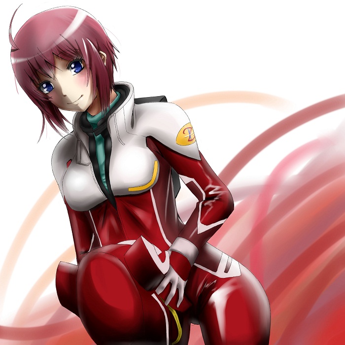 ahoge blue_eyes gundam gundam_seed gundam_seed_destiny lunamaria_hawke pilot_suit pink_hair ruri_(pixky4323) short_hair solo