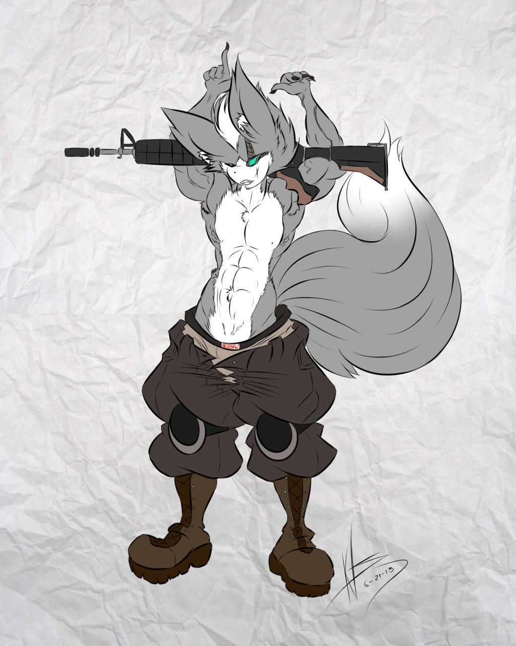 anthro belt biceps boots canine clothing dullvivid footwear fur grey_fur gun looking_at_viewer male mammal muscles navel nintendo pants pecs pose ranged_weapon rifle shorts solo standing star_fox topless video_games weapon white_fur wolf wolf_o'donnell wolf_o'donnell