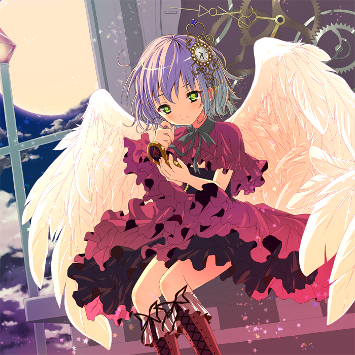 boots clock cross-laced_footwear dress frilled_dress frills full_moon green_eyes greenwich kidatsu!_dungeons_lord lace-up_boots moon night purple_hair shiwasu_horio short_hair solo wings