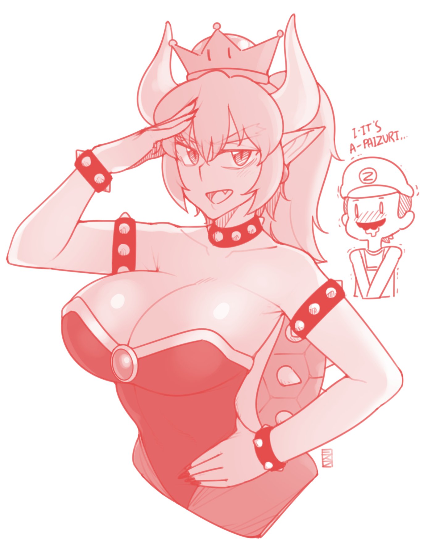1boy 1girl :d bare_shoulders black_nails bowsette bracelet breasts chibi chibi_inset cleavage collar crown earrings ekz_(drawfag) english eyebrows_visible_through_hair fang fingernails hair_between_eyes hand_on_hip highres horns jewelry large_breasts leotard long_hair looking_at_viewer mario mario_(series) nail_polish new_super_mario_bros._u_deluxe nintendo open_mouth pointy_ears ponytail signature simple_background slit_pupils smile solo_focus spiked_bracelet spiked_collar spiked_shell spikes super_crown thick_eyebrows turtle_shell upper_body white_background