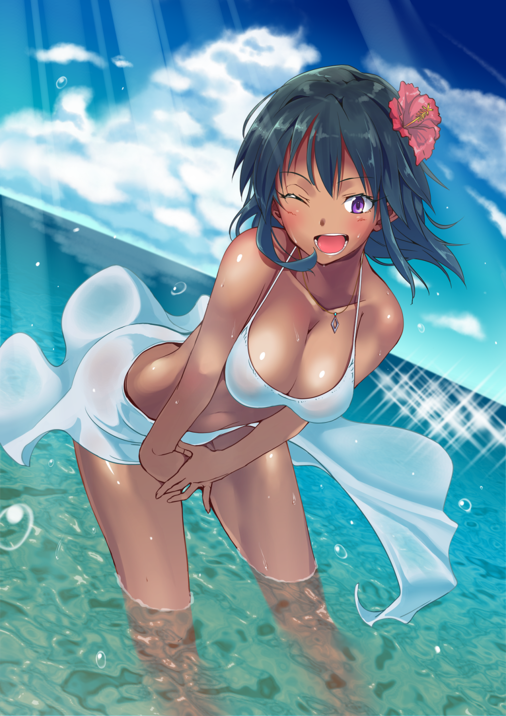 ;d bad_id bad_pixiv_id barefoot bikini black_hair blush breasts cleavage cloud dark_skin day dutch_angle flower hair_flower hair_ornament hibiscus highres idolmaster idolmaster_cinderella_girls jewelry large_breasts leaning_forward light_rays looking_at_viewer natalia_(idolmaster) necklace ocean one_eye_closed open_mouth purple_eyes sarong short_hair sky smile solo standing sunbeam sunlight swimsuit tan wading water wet white_sarong youhei_(testament)