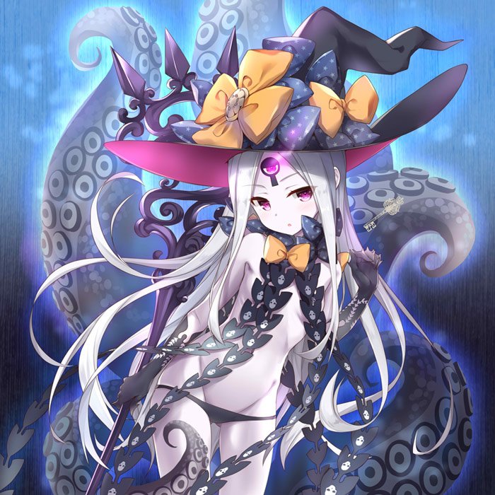 :o abigail_williams_(fate/grand_order) ass_visible_through_thighs bangs bankoku_ayuya black_bow black_gloves black_hat black_panties blush bow breasts commentary_request contrapposto cowboy_shot fate/grand_order fate_(series) floating_hair gloves gluteal_fold groin hand_up hat holding holding_staff key keyhole long_hair looking_at_viewer orange_bow pale_skin panties parted_bangs parted_lips purple_eyes revealing_clothes sidelocks small_breasts solo staff standing star star_print tentacle topless underwear very_long_hair white_hair witch_hat