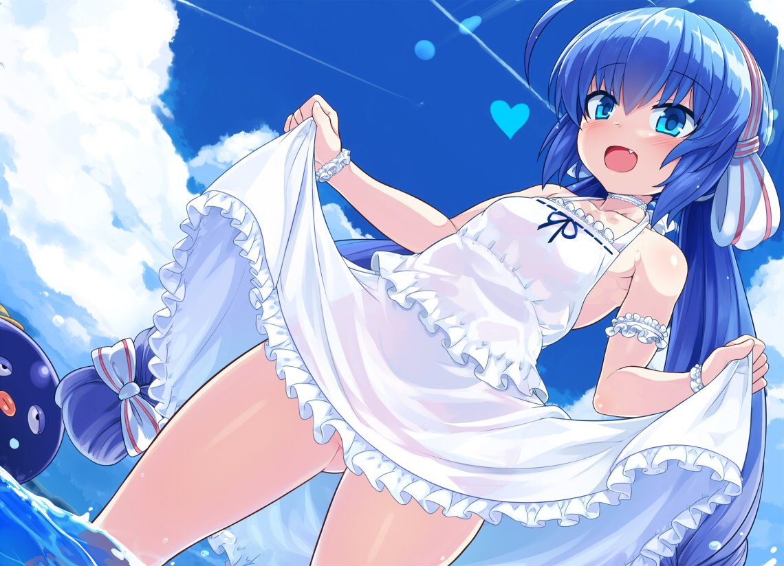 :d ahoge ass_visible_through_thighs blue_eyes blue_hair blue_sky blush bra breasts condensation_trail copyright_request day dress dress_lift dutch_angle eyebrows_visible_through_hair fang gluteal_fold hair_between_eyes hair_ornament hairband heart long_hair looking_at_viewer no_bra no_panties null_(nyanpyoun) open_mouth outdoors sky sleeveless sleeveless_dress small_breasts smile solo standing twintails underwear very_long_hair wading water white_bra white_dress wristband