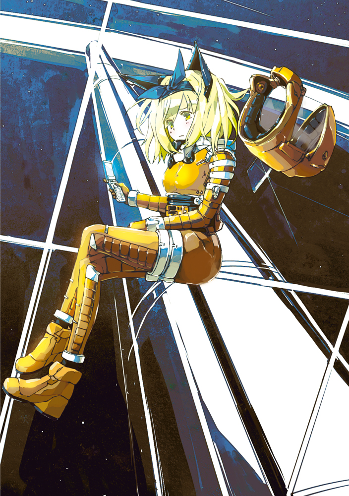 2001_a_space_odyssey 60s 70s 80s animal_ears ashuho astronaut blonde_hair cat_ears cellphone fake_animal_ears floating headband helmet kagamine_rin oldschool phone science_fiction space space_craft space_station spacesuit star_(sky) vocaloid yellow_eyes zero_gravity