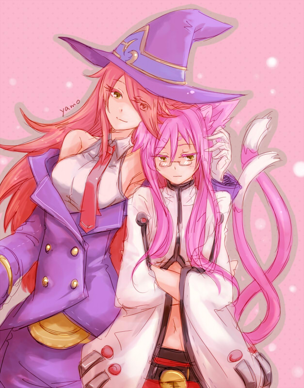 animal_ears bare_shoulders bell belt blazblue blazblue_phase_0 cat_ears cat_tail family glasses hair_over_one_eye hat kokonoe konoe_a_mercury long_hair midriff mother_and_daughter multiple_girls multiple_tails navel necktie pince-nez pink_hair ponytail red_hair smile tail time_paradox witch_hat yamo_(sky2world) yellow_eyes