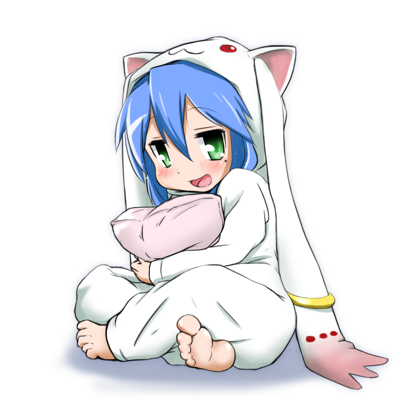 barefoot blue_hair blush cosplay feet full_body green_eyes izumi_konata kyubey kyubey_(cosplay) looking_at_viewer lucky_star mahou_shoujo_madoka_magica mizushima_(p201112) mole mole_under_eye open_mouth pillow simple_background soles solo toes white_background