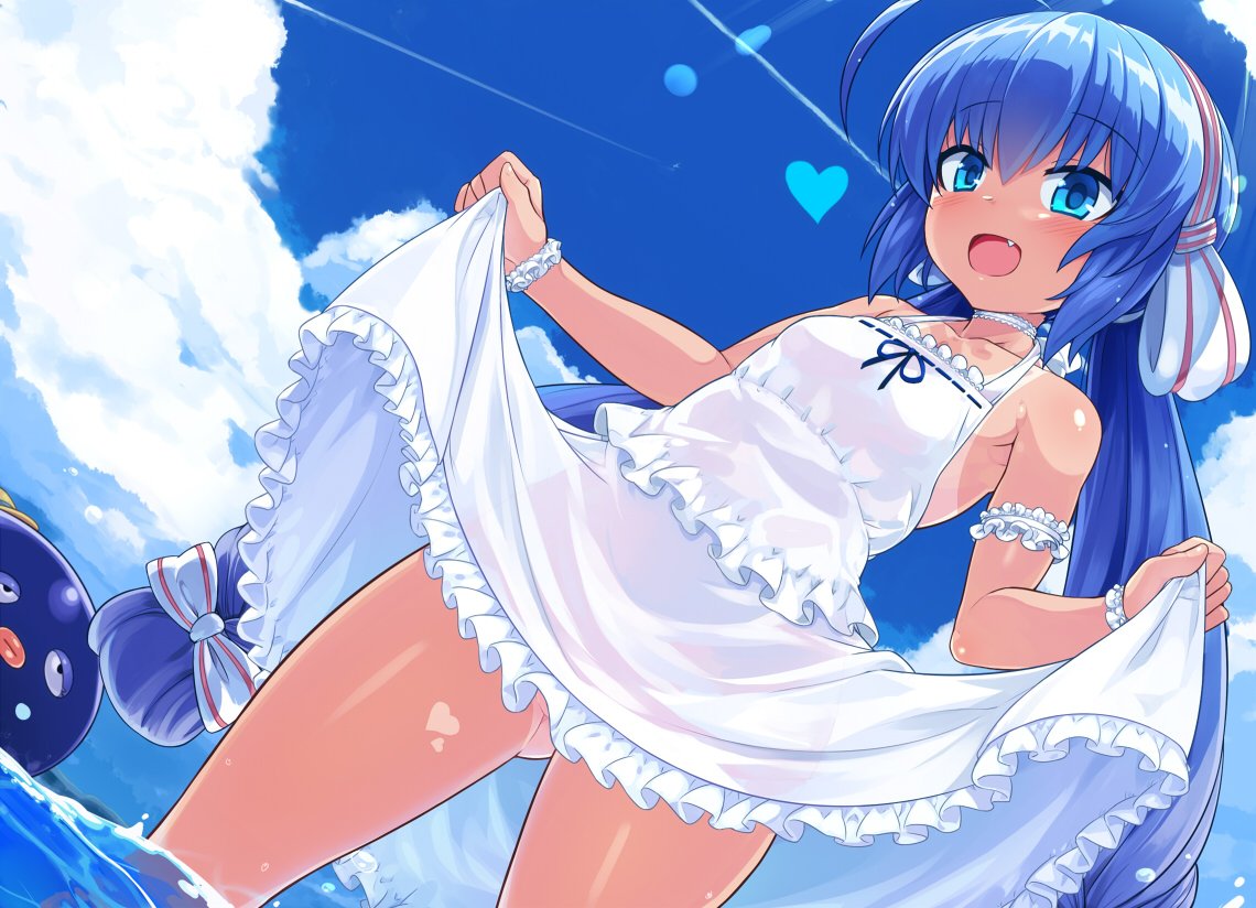 :d ahoge ass_visible_through_thighs blue_eyes blue_hair blue_sky blush bra breasts condensation_trail copyright_request day dress dress_lift dutch_angle eyebrows_visible_through_hair fang gluteal_fold hair_between_eyes hair_ornament hairband heart long_hair looking_at_viewer no_bra no_panties null_(nyanpyoun) open_mouth outdoors sky sleeveless sleeveless_dress small_breasts smile solo standing tan tanline twintails underwear very_long_hair wading water white_bra white_dress wristband