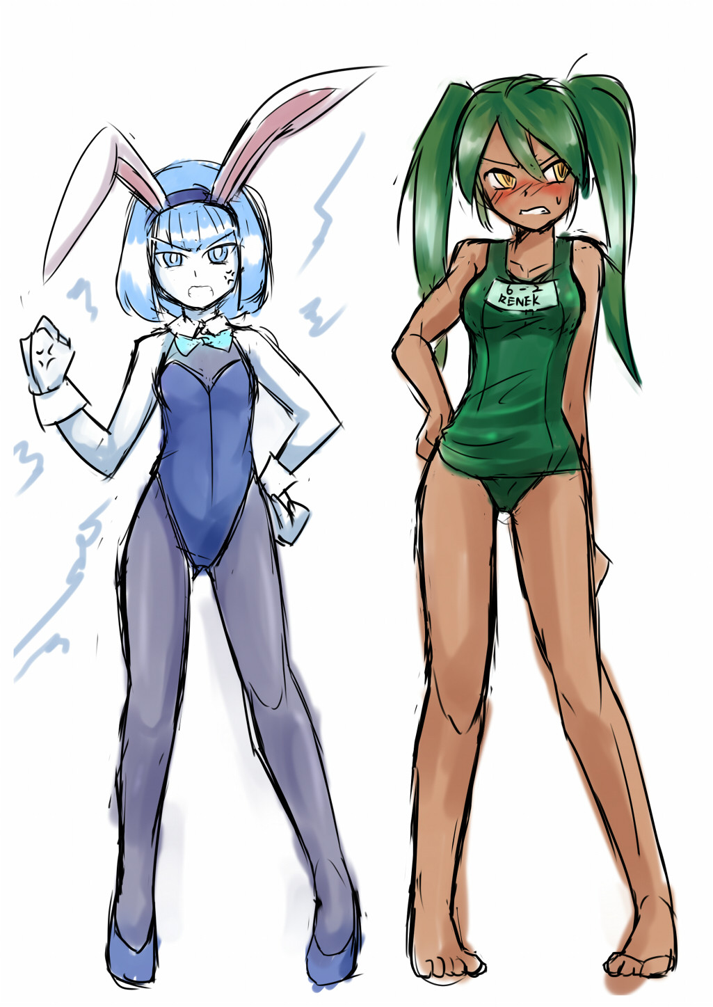 alternate_costume anger_vein angry animal_ears bare_legs barefoot blue_eyes blue_hair blush breasts bunnysuit clenched_hands dark_skin genderswap genderswap_(mtf) green_hair highres league_of_legends long_hair medium_breasts multiple_girls nam_(valckiry) one-piece_swimsuit pantyhose personification renekton school_swimsuit short_hair small_breasts standing sweat swimsuit twintails xerath yellow_eyes