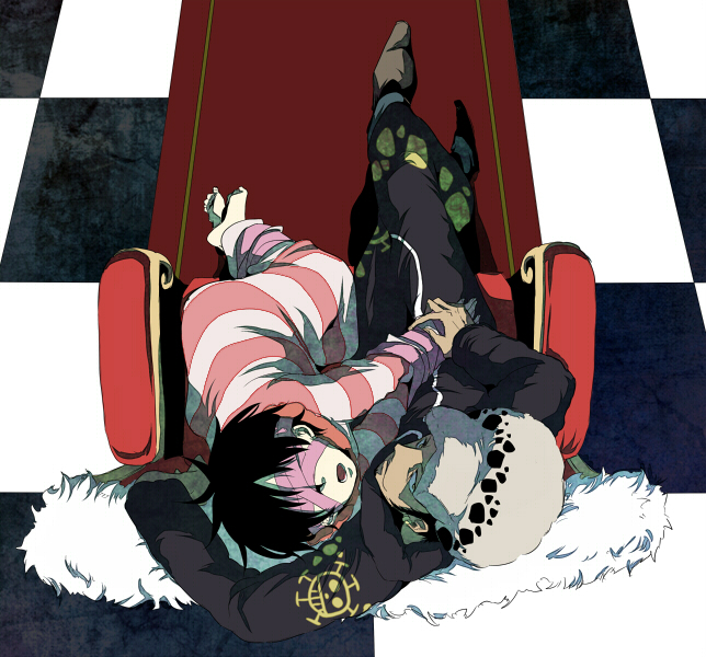 2boys barefoot bdsm blindfold bondage bound bound_ankles bound_wrists chair checkered checkered_floor duo floor fuzzy_hat hat jacket jolly_roger male male_focus monkey_d_luffy multiple_boys one_piece pirate punk_hazard red_upholstery sitting striped_clothes trafalgar_law yaoi