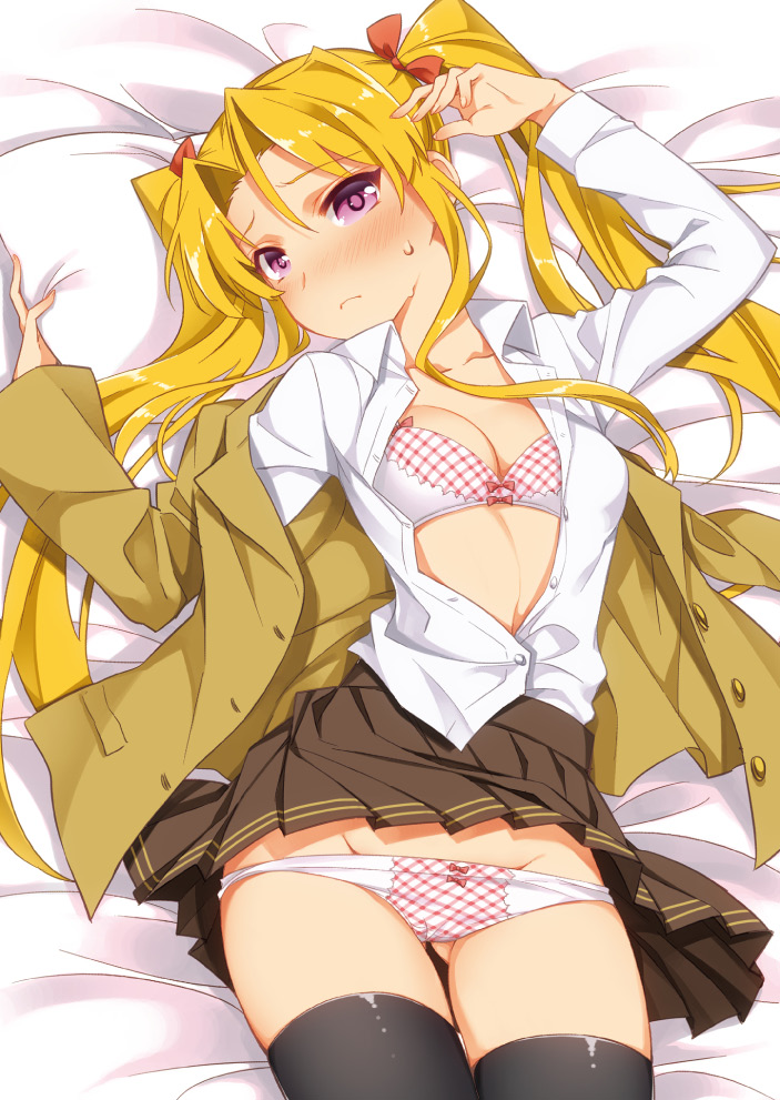 1girl arms_up bed blonde_hair blush bra breasts cleavage embarrassed hair_ornament kayou_(artist) legs long_hair looking_at_viewer lying open_clothes open_shirt panties pantyshot pillow pink_eyes school_uniform shirt skirt solo sweatdrop thighs twintails underwear upskirt