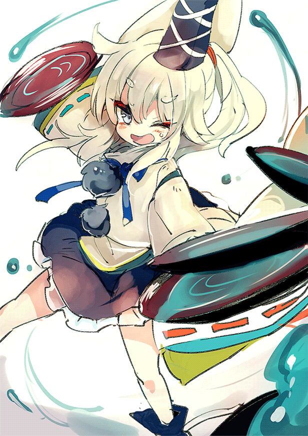 boots cis_(carcharias) cup eyebrows grey_eyes hat looking_at_viewer mononobe_no_futo one_eye_closed open_mouth ponytail sakazuki silver_hair skirt sleeves_past_wrists smile solo tate_eboshi touhou