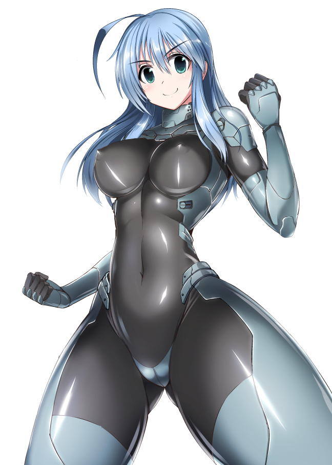 ahoge aqua_eyes blue_hair bodysuit breasts covered_navel covered_nipples gloves long_hair medium_breasts ment original shiny shiny_clothes simple_background skin_tight smile solo standing toned white_background