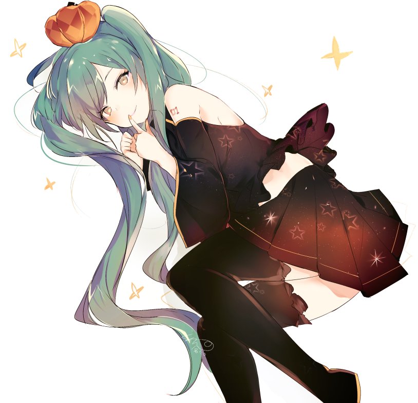 1girl bare_shoulders black_legwear black_skirt blue_hair closed_mouth commentary detached_sleeves fingernails food_themed_hair_ornament grey_eyes hair_ornament halloween hatsune_miku index_finger_raised long_hair long_sleeves looking_at_viewer lpip pumpkin pumpkin_hair_ornament shoulder_tattoo skirt smile solo star symbol_commentary tattoo thighhighs twintails very_long_hair vocaloid