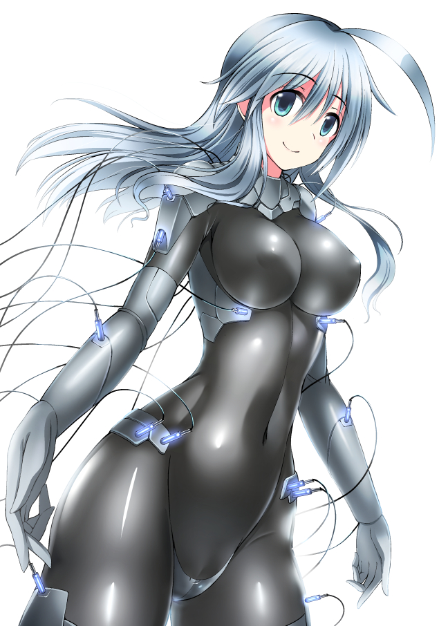ahoge aqua_eyes bodysuit breasts cable covered_navel covered_nipples gloves long_hair medium_breasts ment original shiny shiny_clothes silver_hair simple_background skin_tight smile solo standing white_background