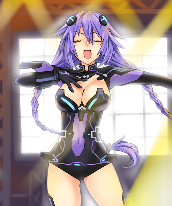 :d backlighting bad_id bad_pixiv_id bangs blush braid breasts cleavage closed_eyes covered_navel cowboy_shot emblem flipped_hair hair_between_eyes hair_ornament hand_on_own_chest hips kamia_(not_found) large_breasts leotard lights long_hair magical_girl neptune_(series) open_mouth outstretched_arm purple_hair purple_heart sideboob smile smug solo turtleneck twin_braids v-shaped_eyebrows vambraces very_long_hair window