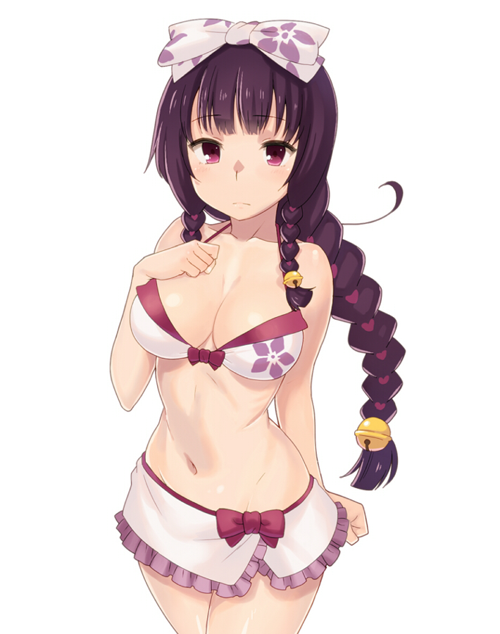 akechi_mitsuhide_(sengoku_collection) bell bikini black_hair braid breasts cleavage floral_print hair_ribbon heart jingle_bell large_breasts long_hair navel purple_eyes ribbon sengoku_collection simple_background solo swimsuit tenchisouha white_background