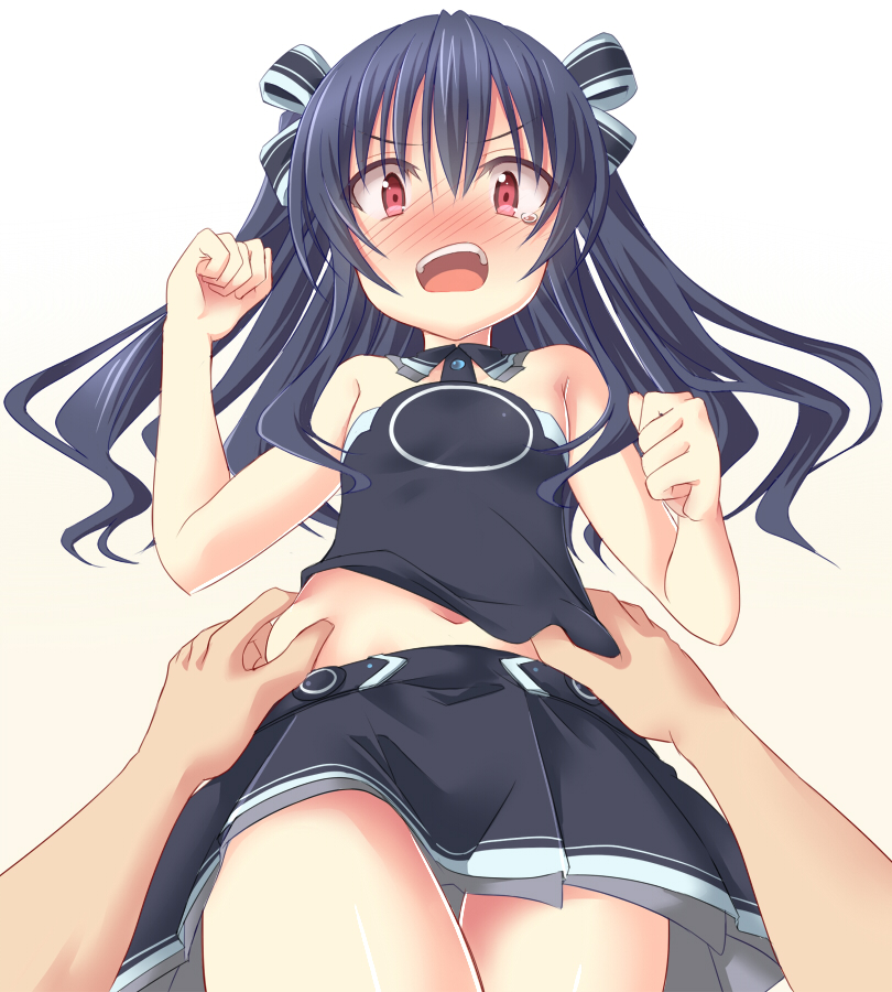 1girl bare_shoulders belly_grab black_hair blush bow choujigen_game_neptune_mk2 from_below groping hair_bow hair_ornament long_hair looking_down midriff minagi navel neptune_(series) open_mouth pinching pov pov_hands red_eyes simple_background solo_focus tears uni_(choujigen_game_neptune) white_background