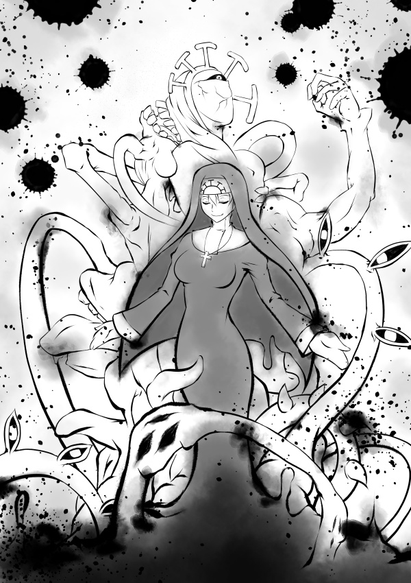 blood breasts closed_eyes cross cross_necklace double_(skullgirls) dual_persona extra_eyes greyscale habit jewelry kunomata_gou large_breasts monochrome monster necklace nun short_hair skullgirls smile tentacles