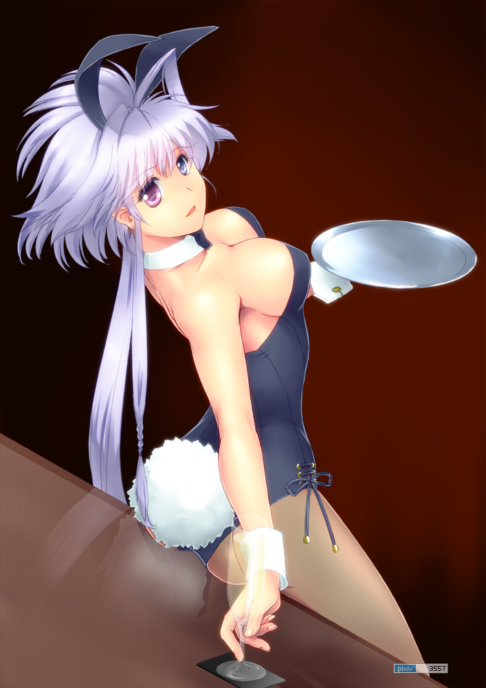 animal_ears back-seamed_legwear blue_eyes blue_hair breasts bunny_ears bunny_girl bunny_tail bunnysuit cleavage collarbone counter cup detached_collar downblouse drinking_glass fake_animal_ears from_above from_behind heterochromia holding large_breasts lavolpe_(yagisaka_seto) original pantyhose purple_eyes seamed_legwear sidelocks standing tail tray wine_glass wrist_cuffs yagisaka_seto