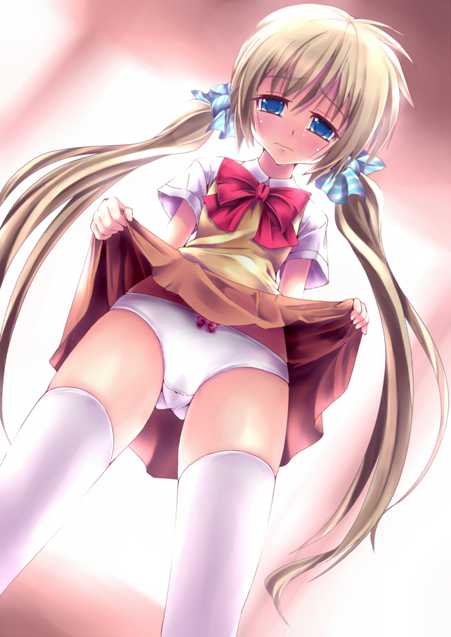 blonde_hair blue_eyes blush bow bow_panties bowtie brown_skirt corona_timir long_hair looking_at_viewer lyrical_nanoha mahou_shoujo_lyrical_nanoha_vivid panties pink_bow pleated_skirt red_bow red_neckwear school_uniform shirt skirt skirt_lift solo sweater tears thighhighs twintails underwear wet wet_clothes wet_panties white_legwear white_panties white_shirt x.x yellow_sweater