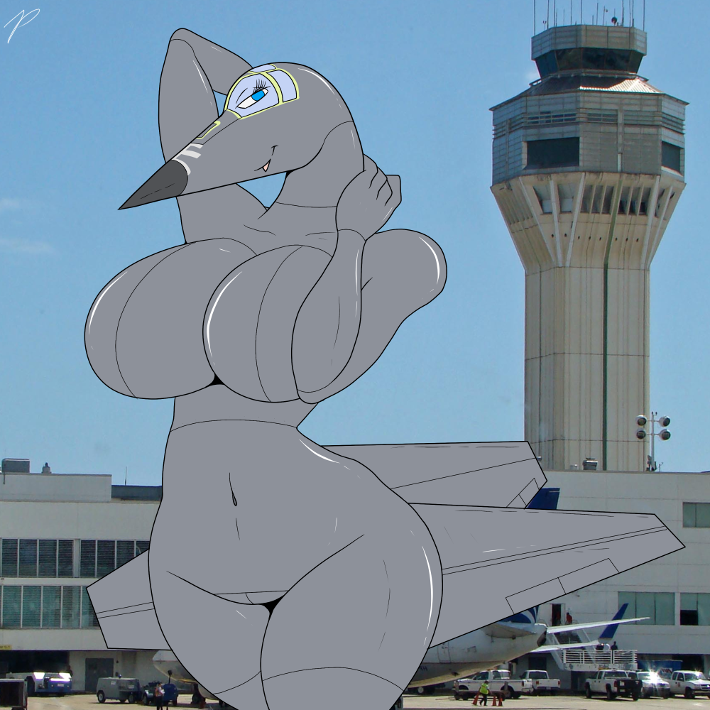 aircraft airplane airport anthro big_breasts blue_eyes breasts brests building cars female group human inanimate living_aircraft looking_at_viewer machine mammal mechanical photo pose wings zp92