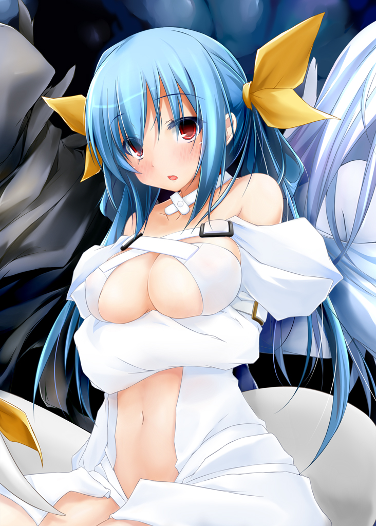 alternate_color asymmetrical_wings bare_shoulders blue_hair blush bow breast_hold breasts choker cleavage dd_mayohara dizzy guilty_gear hair_bow large_breasts long_hair navel necro_(guilty_gear) red_eyes ribbon solo tail tail_ribbon thighhighs twintails underboob undine_(guilty_gear) wings