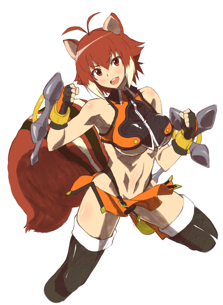 :d animal_ears antenna_hair bad_id bad_pixiv_id bare_shoulders blazblue blush body_blush breasts brown_eyes brown_hair cropped_legs dual_wielding fingerless_gloves gloves gradient_hair highres holding large_breasts makoto_nanaya multicolored_hair navel open_mouth orange_skirt revealing_clothes short_hair skirt smile solo squirrel_ears squirrel_tail tail thighhighs tonfa two-tone_hair uk underboob weapon