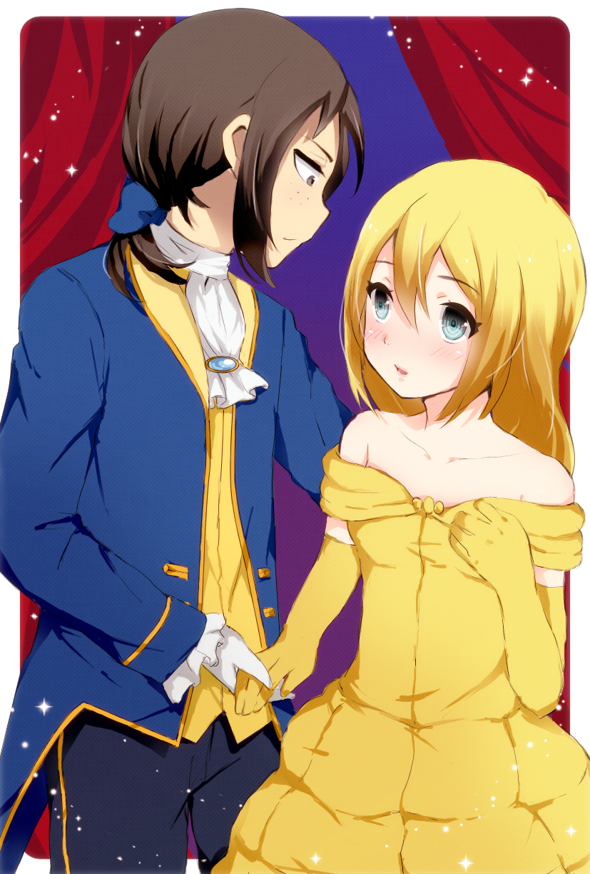 ascot bare_shoulders beast_(disney) beast_(disney)_(cosplay) beauty_and_the_beast belle_(disney) belle_(disney)_(cosplay) blonde_hair blue_eyes brown_hair christa_renz cosplay crossdressing curtains dress elbow_gloves formal freckles gloves gown highres holding_hands multiple_girls parody profile shingeki_no_kyojin tottsuan yellow_dress ymir_(shingeki_no_kyojin) yuri