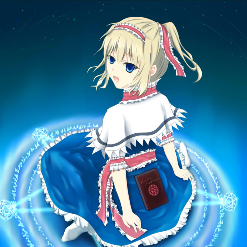 alice_margatroid alternate_hairstyle bad_id bad_pixiv_id blonde_hair blue_eyes book frills from_behind husky_(artist) looking_back magic_circle open_mouth pentagram ponytail short_hair sitting solo touhou wariza