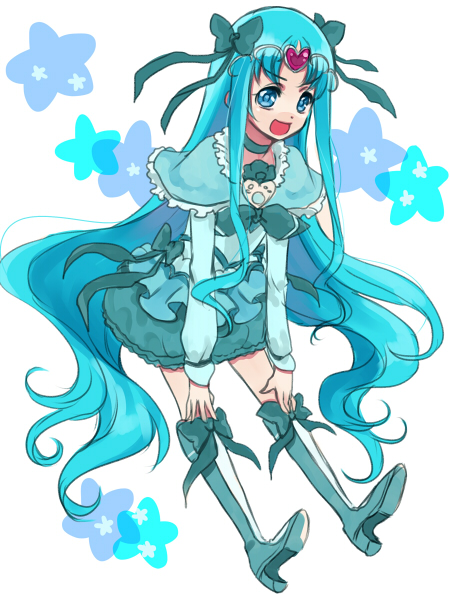 alternate_color alternate_hairstyle bad_id bad_pixiv_id blue blue_choker blue_eyes blue_hair blue_shirt blue_skirt boots brooch bubble_skirt choker circlet cosplay cure_marine cure_muse_(yellow) cure_muse_(yellow)_(cosplay) hair_ribbon heartcatch_precure! jewelry knee_boots kurumi_erika long_hair magical_girl precure ribbon sasamaru_chimaki shirt skirt smile solo star suite_precure twintails