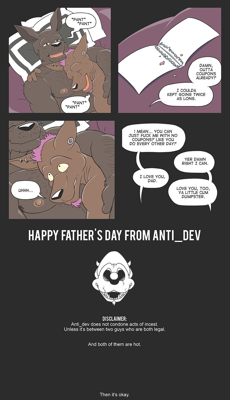 after_sex anti_dev bed biceps big_muscles comic dialog dirty_talk dripping ear_piercing english_text facial_hair father_and_son fathers_day fur gay goatee gunnar hair hairy incest kangaroo lying male mammal marsupial muscles piercing pink_hair sweat text
