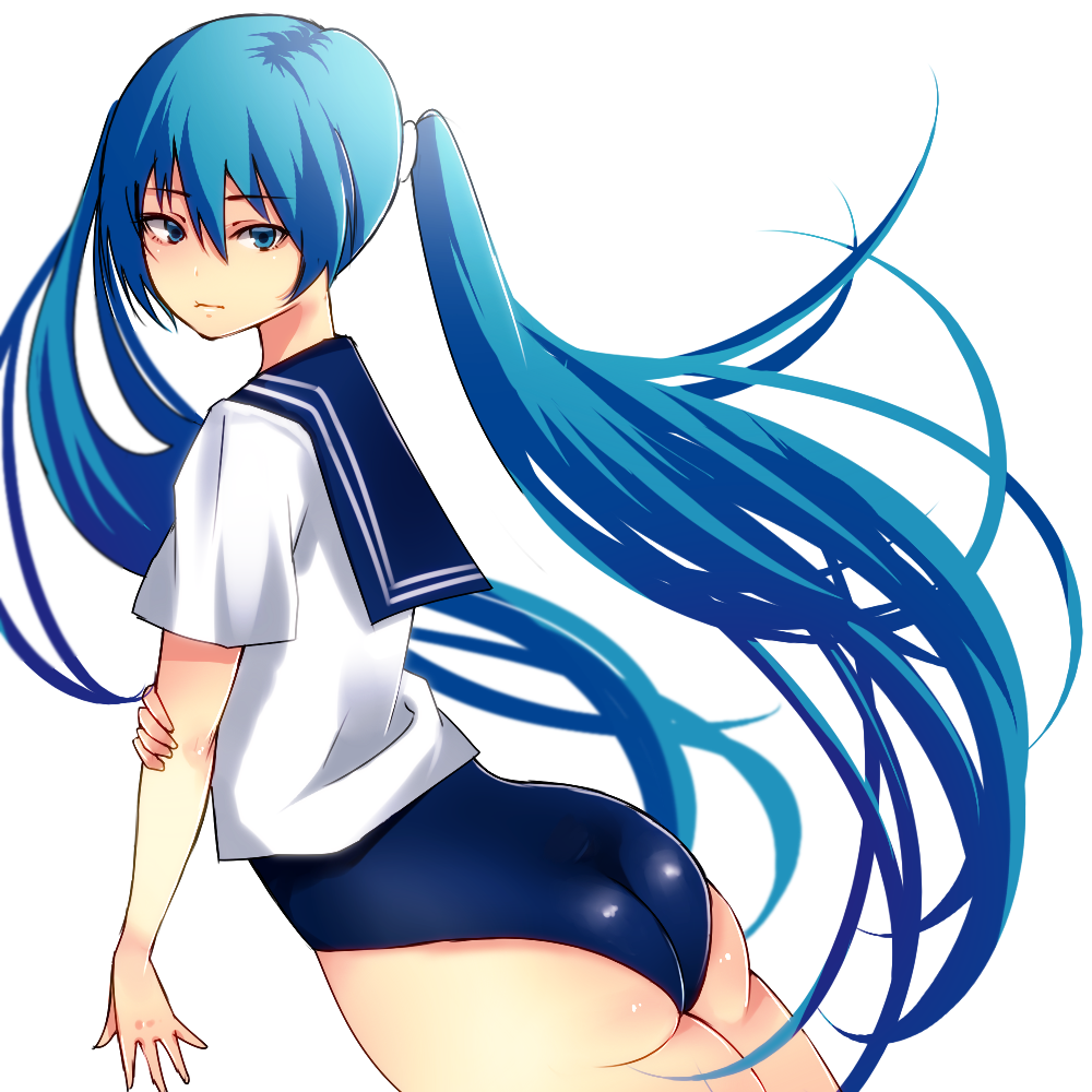 blue_hair green_eyes hatsune_miku long_hair no_pants noboes one-piece_swimsuit school_swimsuit school_uniform serafuku swimsuit swimsuit_under_clothes twintails vocaloid
