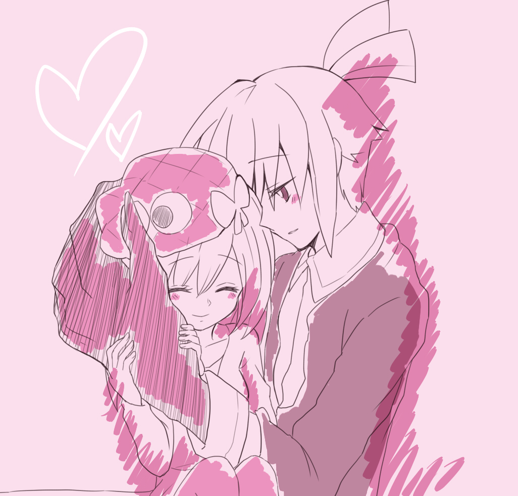 1girl amitie_(puyopuyo) blush closed_eyes couple hand_on_another's_cheek hand_on_another's_face hat heart hetero komeichou-69 monochrome pink puyopuyo puyopuyo_fever shirt short_hair sig_(puyopuyo) size_difference sketch smile