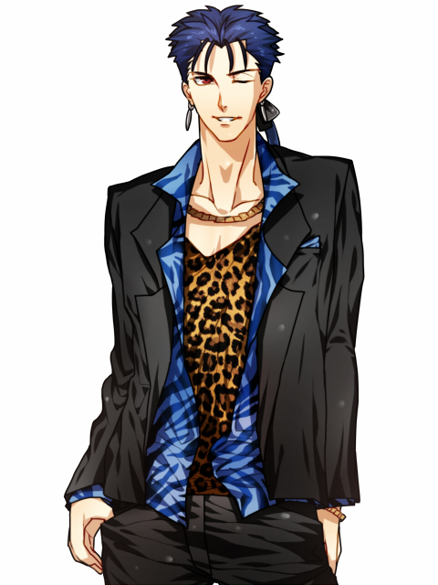 animal_print bad_id bad_pixiv_id blue_hair earrings fate/stay_night fate_(series) jewelry lancer leopard_print long_hair male_focus mitsuki_mitsuno necklace one_eye_closed red_eyes solo