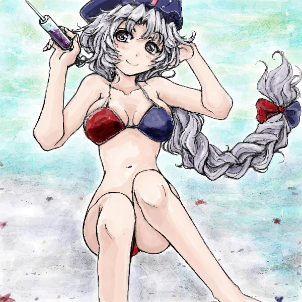 beach bikini braid breasts cleavage crab long_braid long_hair medium_breasts nanashii_(soregasisan) silver_eyes silver_hair smile solo starfish swimsuit syringe touhou yagokoro_eirin