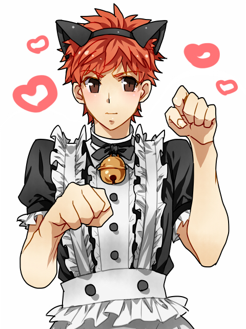alternate_costume animal_ears bad_id bad_pixiv_id bell bell_collar blush brown_eyes collar crossdressing emiya_shirou enmaided fake_animal_ears fate/stay_night fate_(series) heart maid male_focus mitsuki_mitsuno paw_pose red_hair simple_background solo white_background