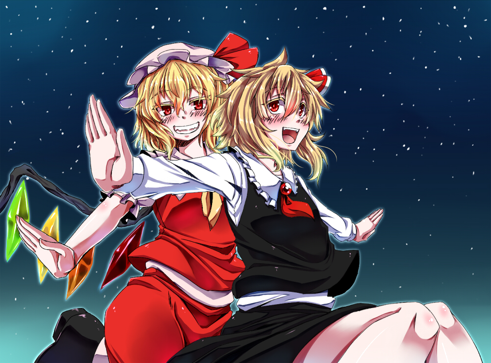 blonde_hair blush flandre_scarlet hair_ribbon hat hat_ribbon kuon_yashiro multiple_girls night night_sky outstretched_arms red_eyes ribbon rumia sky touhou wings