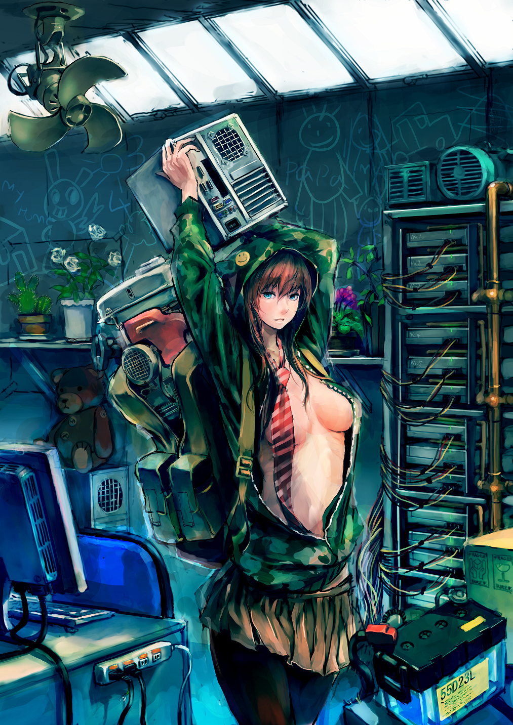 arms_up backpack bag blue_eyes breasts brown_hair cable cactus carrying censored computer convenient_censoring electric_fan highres hood hoodie jittsu keyboard_(computer) large_breasts long_hair looking_at_viewer monitor necktie open_clothes open_shirt original parted_lips plant potted_plant shirt smiley_face solo striped striped_neckwear stuffed_animal stuffed_toy teddy_bear