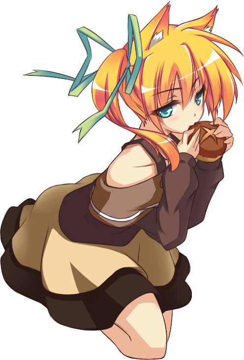 animal_ears bare_shoulders blonde_hair blush bread character_request choco_la_tea eating eiyuu_chronicle food fox_ears green_eyes hair_ribbon holding holding_food long_hair long_sleeves looking_at_viewer ribbon side_ponytail skirt solo transparent_background